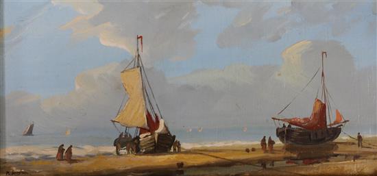A set of 3 oils on board of beached fishing boats, largest 11 x 22cm